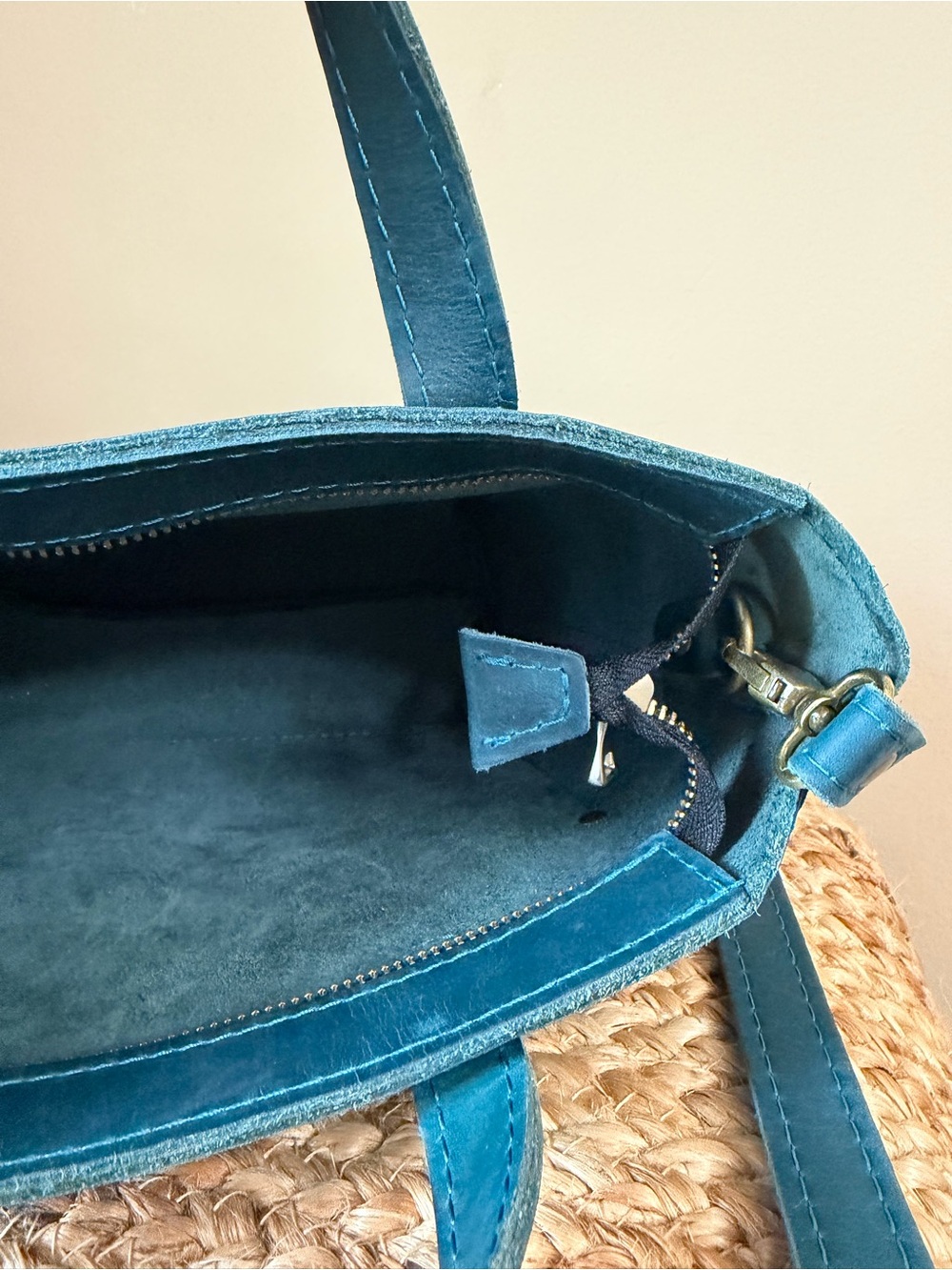 Portland Leather Goods Crossbody Tote in Westward Blue w/ Gray Canvas Organizer - Picture 4 of 15